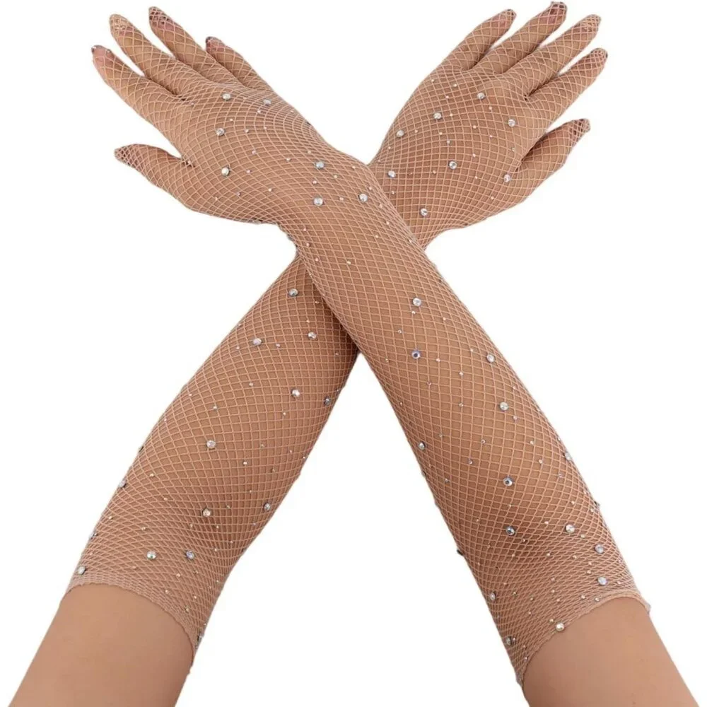 Women's Tan Evening Rhinestone Long Sleeves Arm Elbow Length Party Gloves